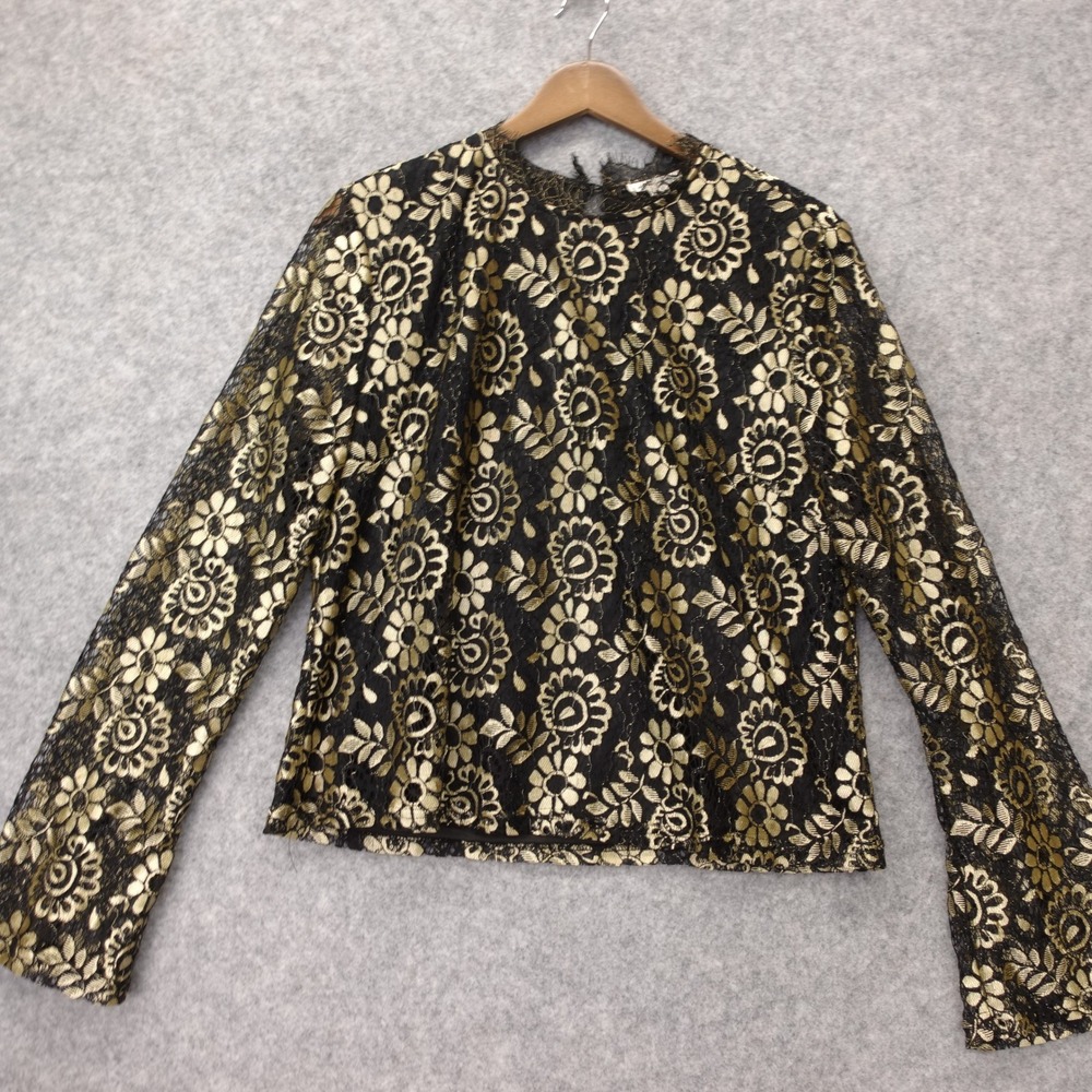 Gold Metallic Whimsigoth Lace Blouse Womens L Black Floral Holiday ULTRA PINK